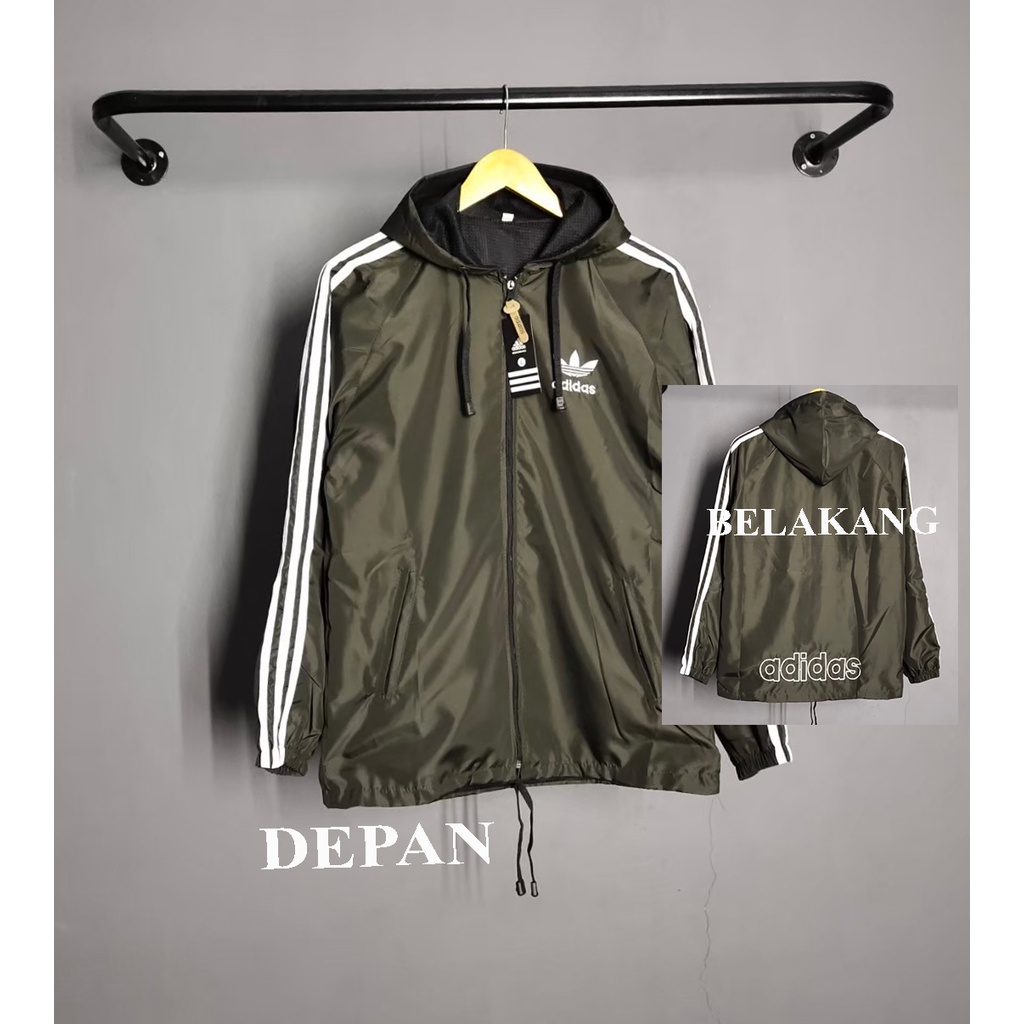 (COD) Jaket Parasut Pria Adidas Windbreaker Hitam List Putih text Bordir size M L XL XXL - Jaket Parasut Adidas Jumbo - Jaket sporty Unisex