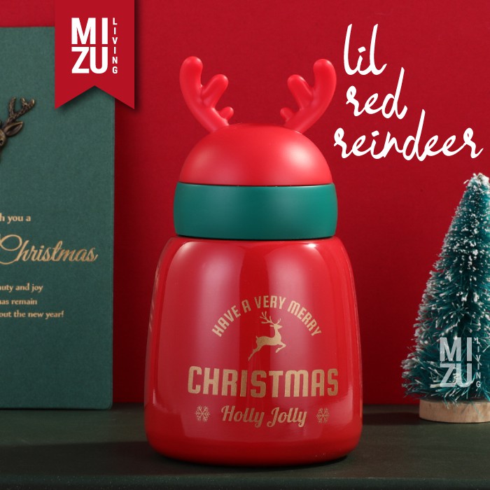 CHRISTMAS REINDEER Thermos Water Bottle Botol Air Minum Termos 300 330ml NATAL Vacuum Flask Tumbler-LIL RED REINDEER 300