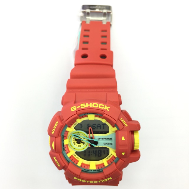 G-shock kasio protection 2 time jarum + digital tali rubber merah lis kuning pria GA-400CM-4ADR