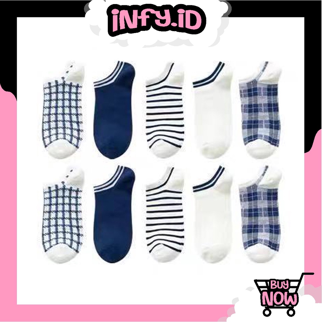 INFY - Kaos Kaki Wanita Motif Kotak Biru Navy Fashion Korea Women Sock Import Murah KK003