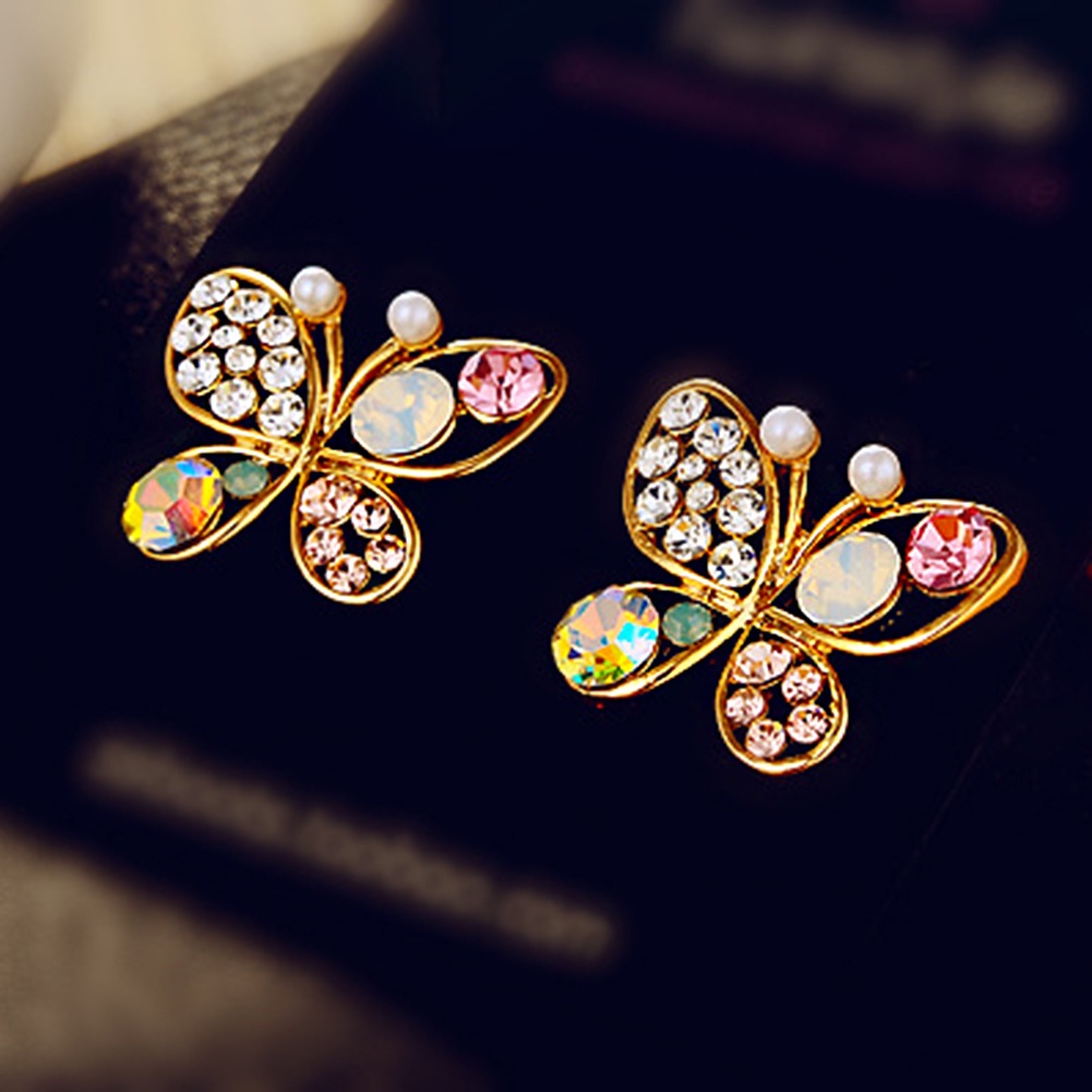 Anting Stud Bentuk Kupu-Kupu Aksen Mutiara Bahan Zirkon Warna-Warni Untuk Wanita