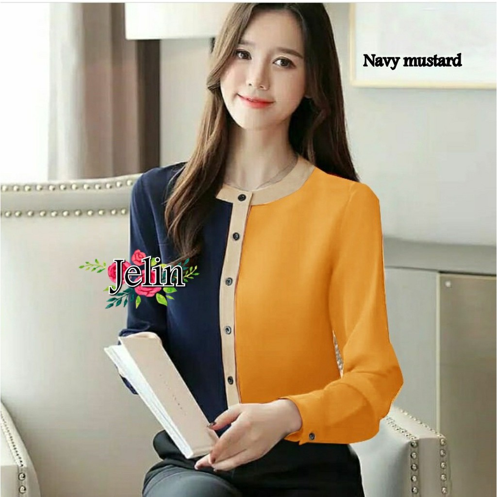 FWG - JELIN BLOUSE / ATASAN KOREA WANITA / PAKAIAN BLOUSE WANITA TERBARU / BLOUSE-NAVY MUSTARD