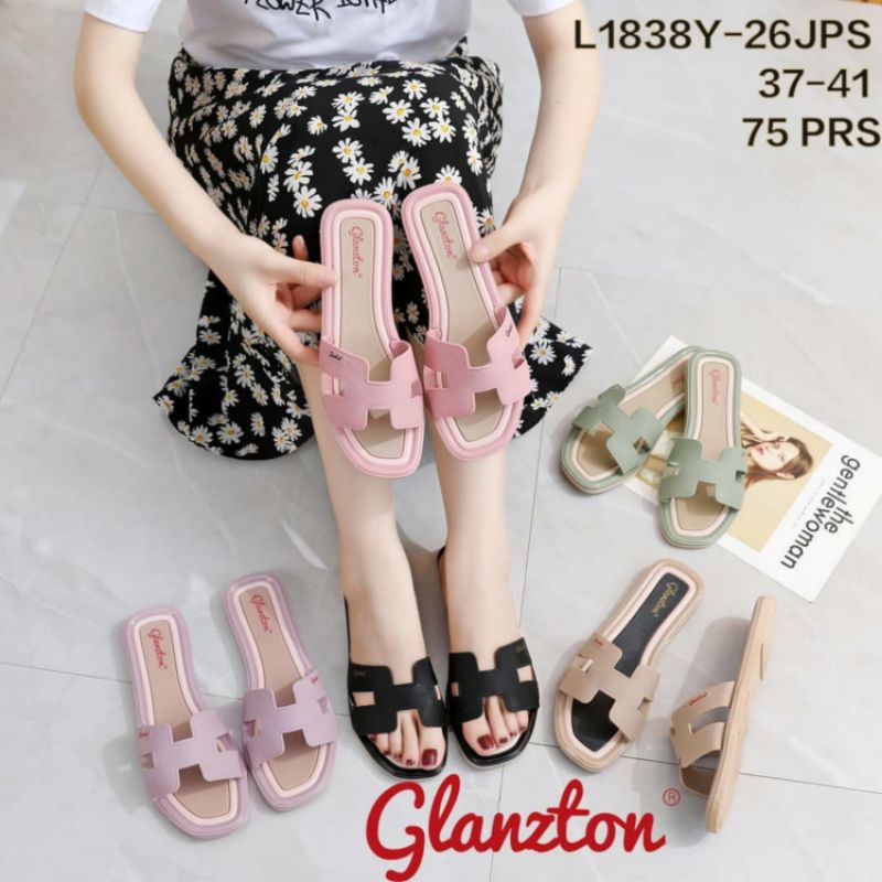 L1838Y26JPS Sandal Selop Wanita Jelly Doff Model H Sendal Karet Slop Cewek Perempuan Dua Warna Kombinasi L1838 1838 Import Elegan Impor Glanzton Glanston Glaston Murah Cantik Kekinian