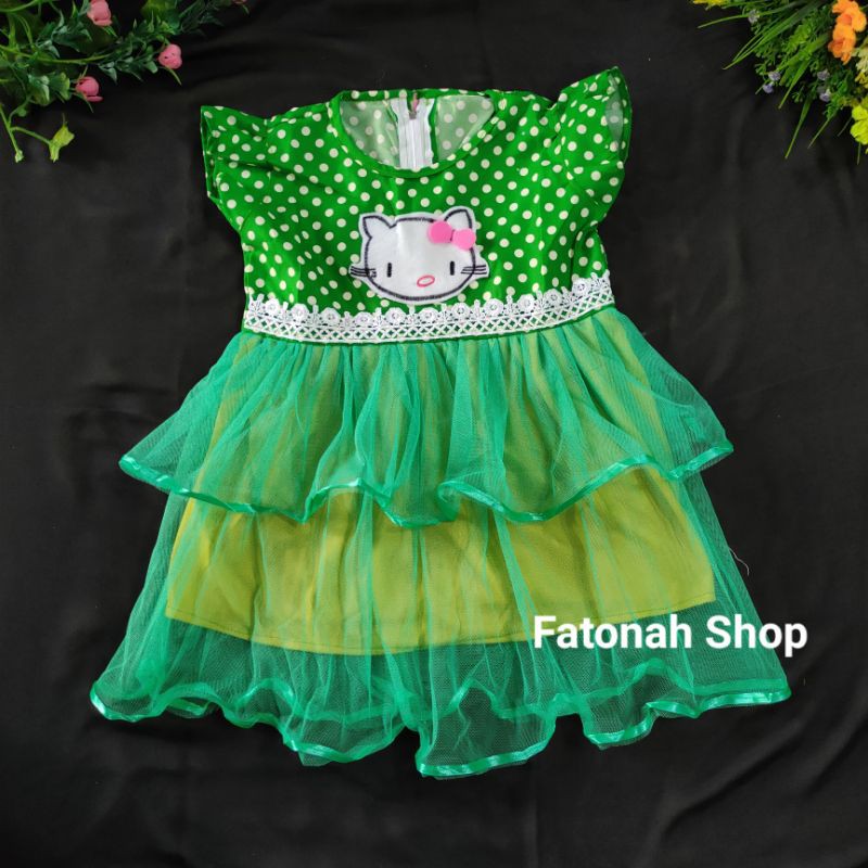 Dress anak 1-2 tahun gaun tutu anak cewek gaun anak perempuan hijau hellokitty ( dress SAP kitie )