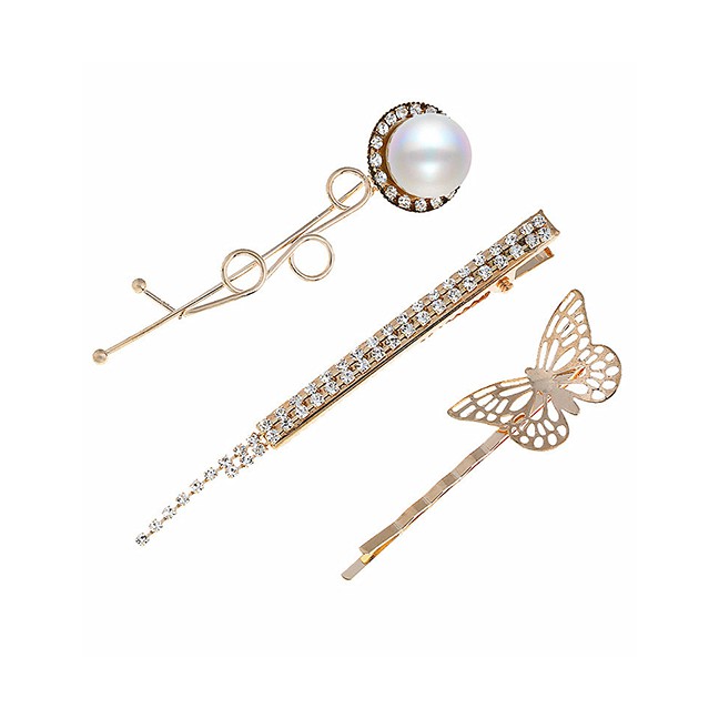 LRC Jepit Rambut Fashion Gold Alloy Pearl Diamond Butterfly Hair Clip Set F62010