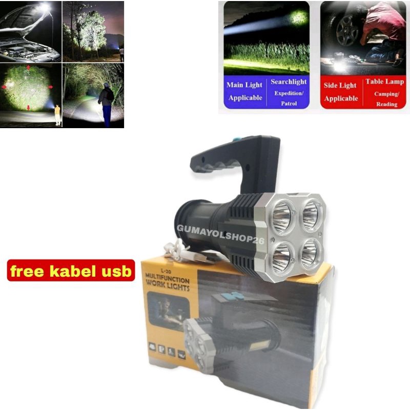 L-20 Senter LED 4 Mata 4 Mode Reacharge Super Terang / Senter LED Jarak Jauh 4 LED