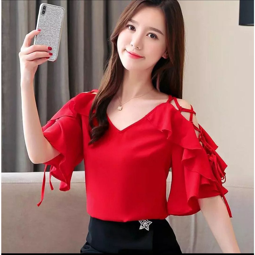 INV - BLOUSE WANITA / NATASHA / RED / TALI BAHU / RUFFLLE / KOREAN / TERBARU