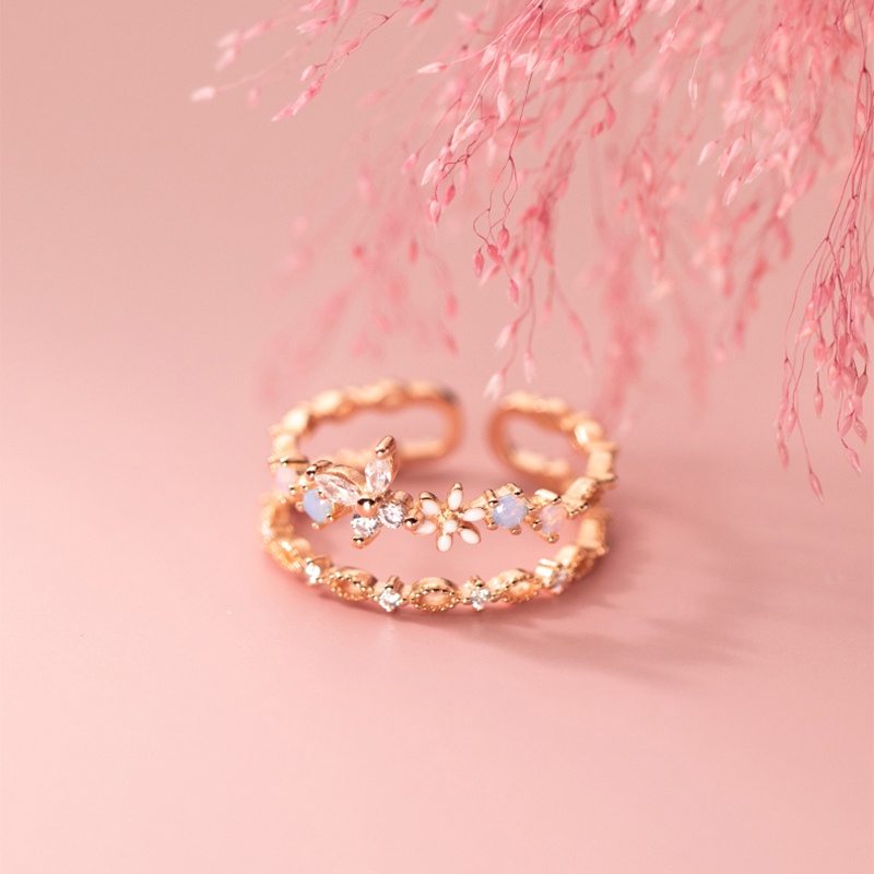 Cincin Model Terbuka Lapis Ganda Bahan Zirkon Warna Rose Gold Dapat Disesuaikan Gaya Vintage Korea Untuk Wanita