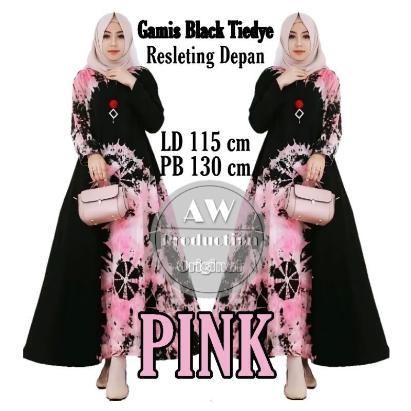 Gamis Kaos Jumbo Syari busui friendly resleting depan model Black Tiedye Dress kekinian