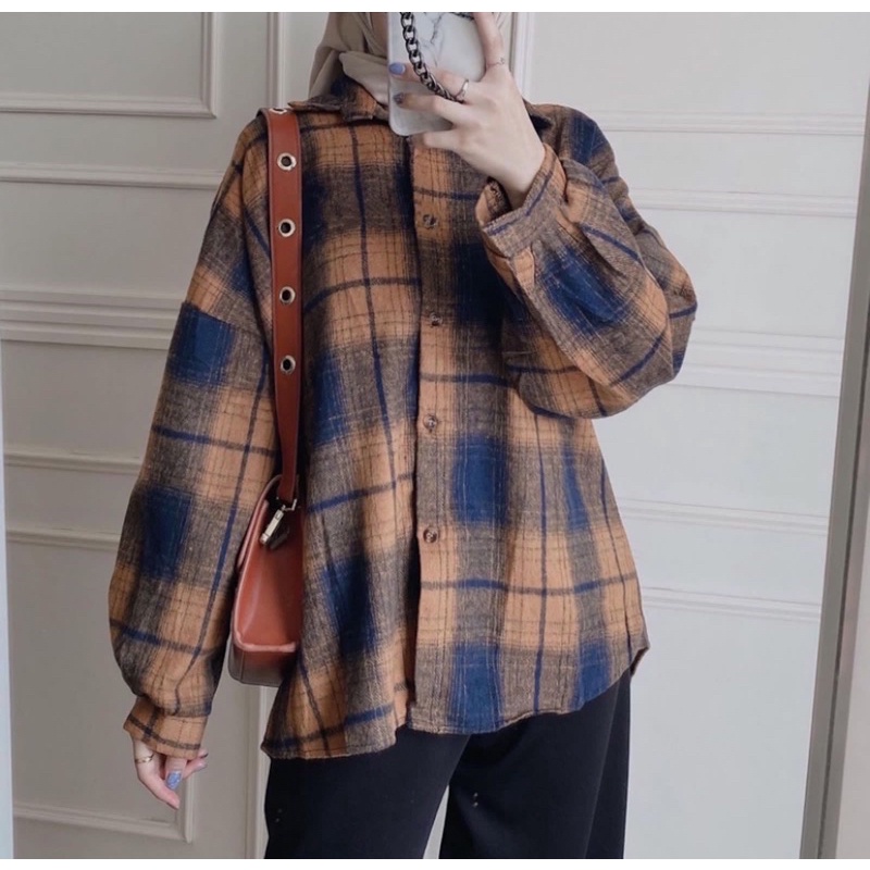 Kimberly Flanel Shirt / Kemeja Flanel / Kemeja Flanel Oversize-Navy oren Ld 130