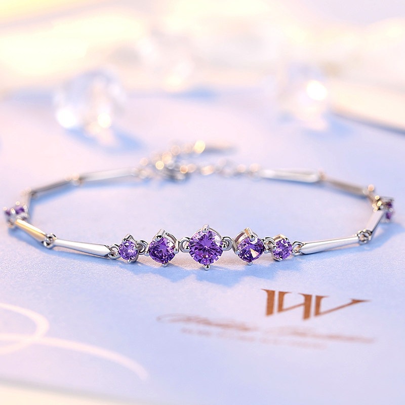 Gelang Bahan Silver 925 Hias Berlian Zircon Warna Ungu Putih Gaya Korea Untuk Wanita