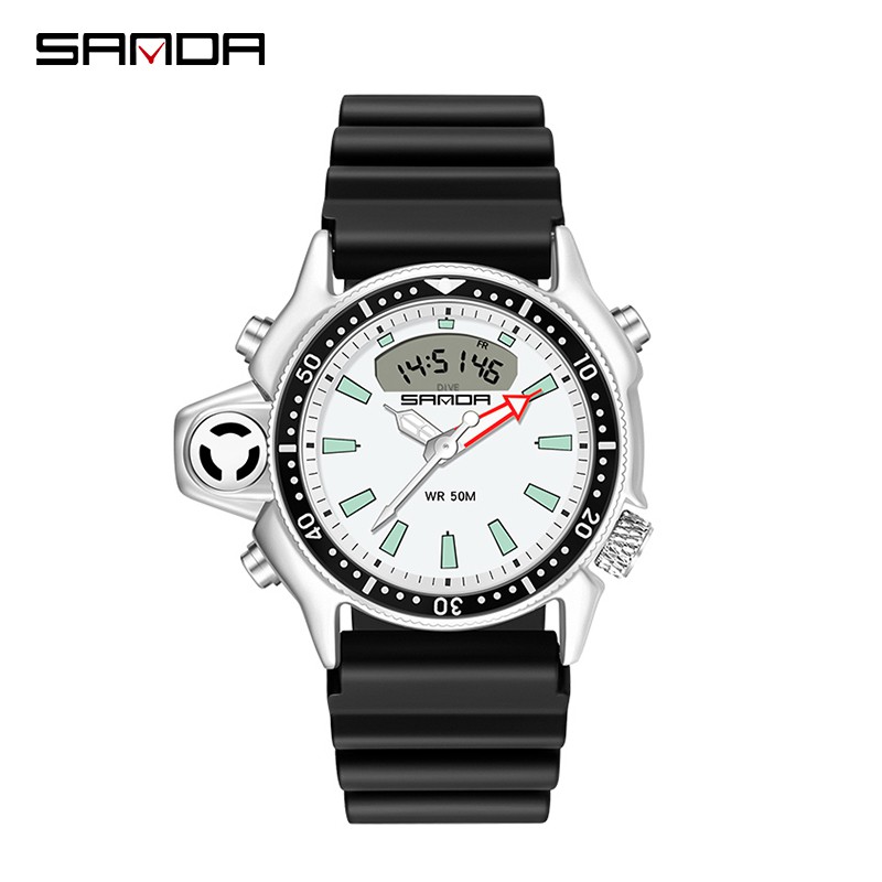 SANDA 3008 Jam Tangan Pria Wanita Digital Analog Dual Time Tali Rubber Anti Air WATCHKITE WKOS