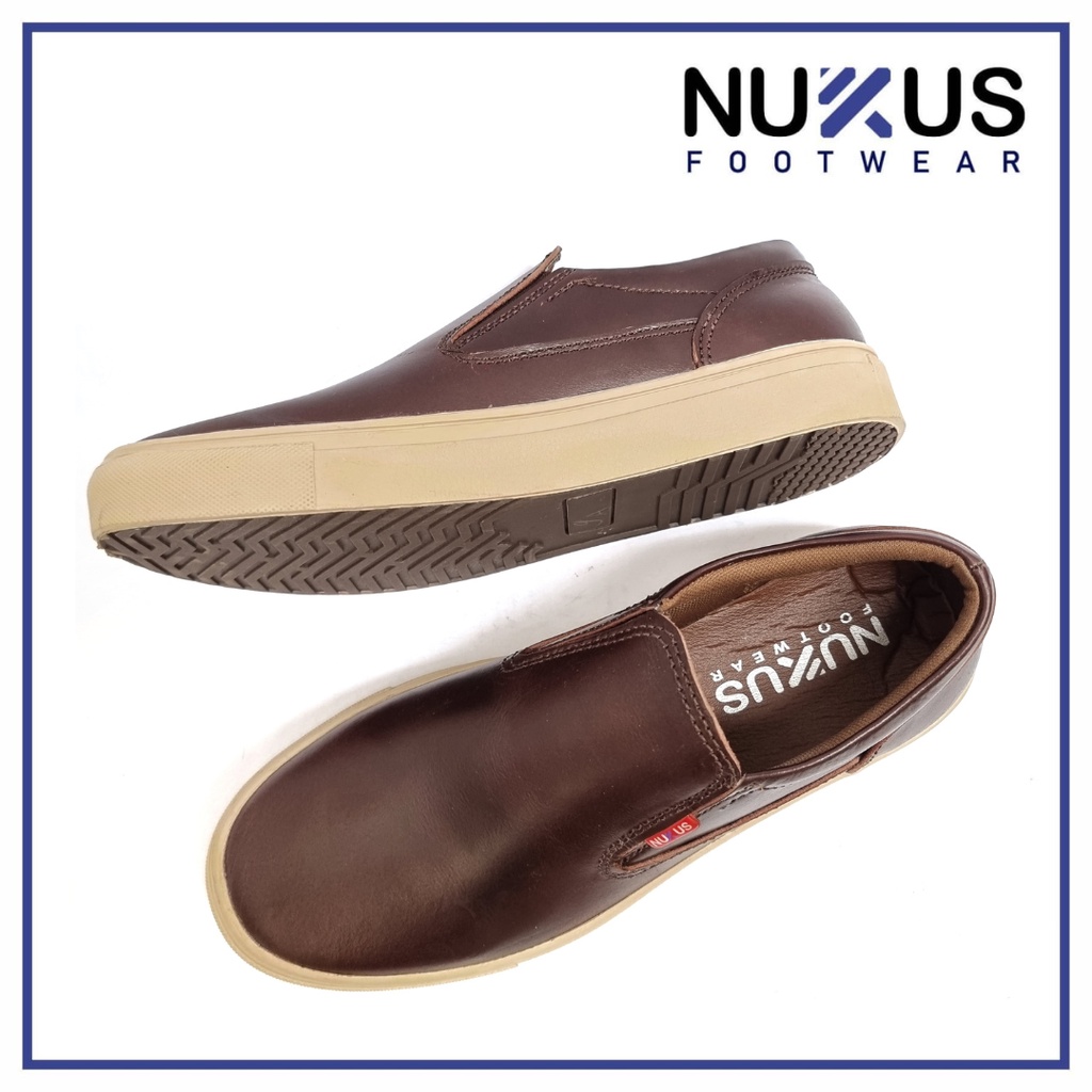 Nukus Sepatu Pria Kasual Slip On Classic Kulit Sapi Asli Coklat - NKS