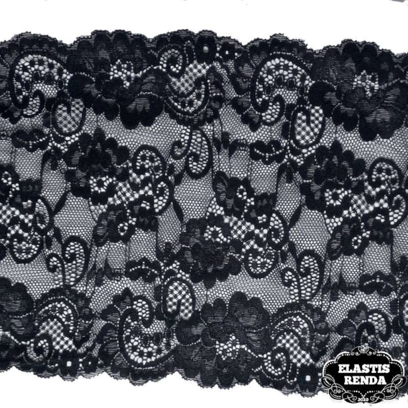 (Harga Per Meter) Renda Stretch Hitam Motif Bunga Cantik Lebar 20,5cm