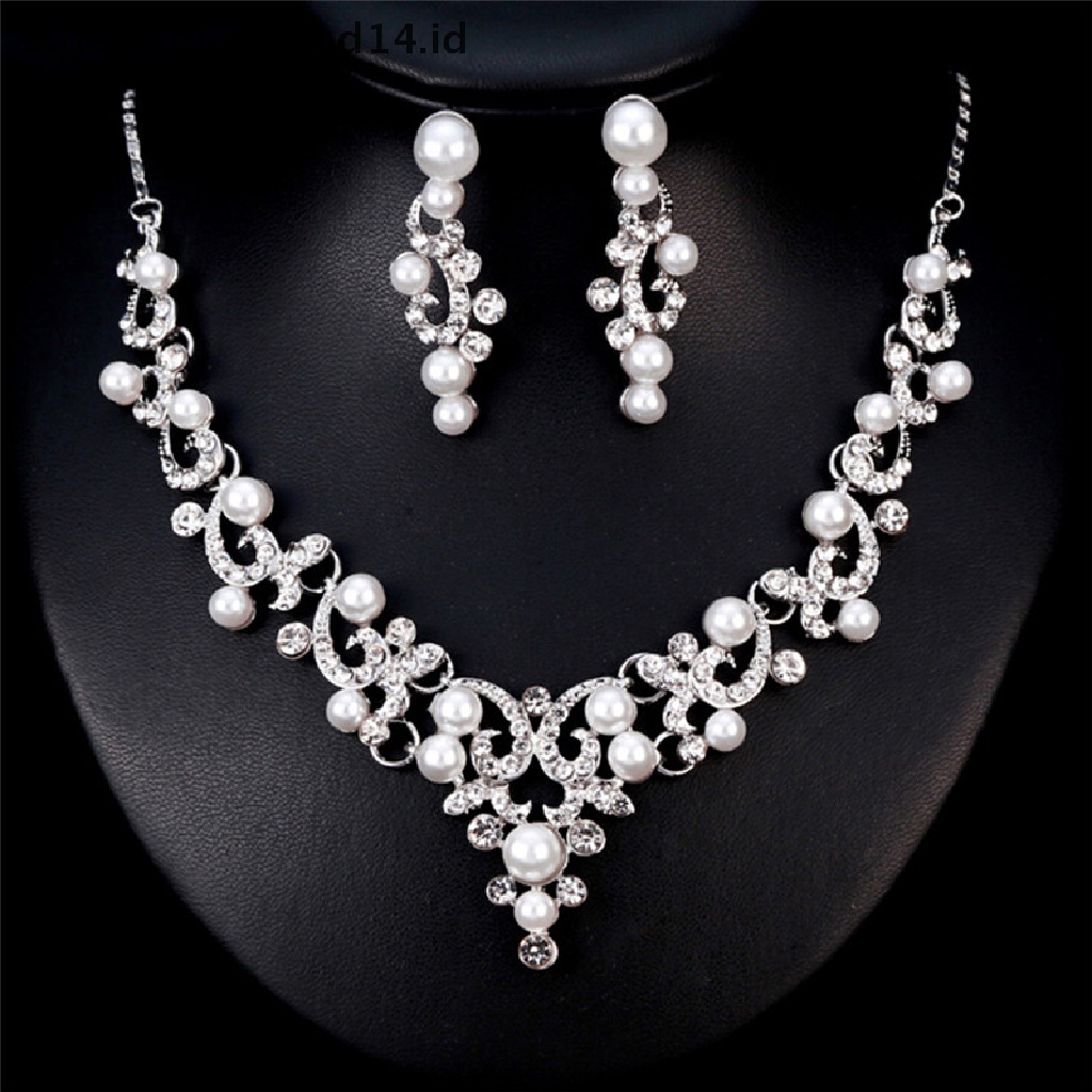 [OOID] Fashion Rhinestone Faux Pearl Necklace Earrings Women Bride Jewelry Set Hot Gift ID