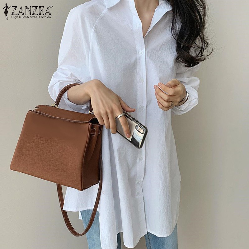 ZANZEA Women Casual Long Sleeve Button Down Irregular Hem Korea Blouse