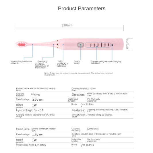 Sikat Gigi Elektrik Electric Toothbrush Waterproof IPX7 Baterai Cas charger