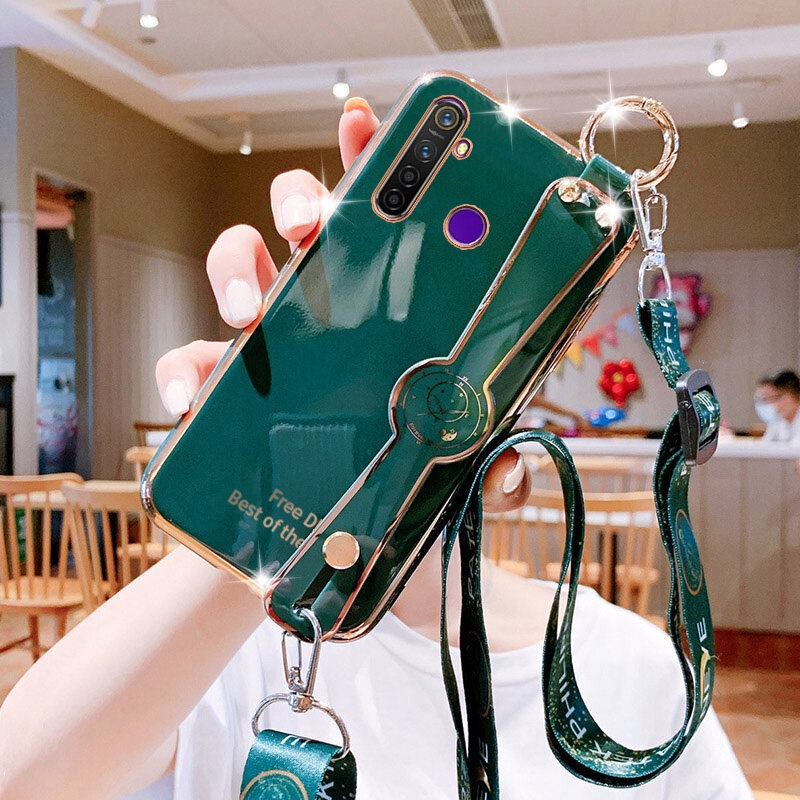 Soft Case Dengan lanyard Leher Aksen Berlian Imitasi Untuk OPPO Realme 5 Pro C3 5S 6i 5i