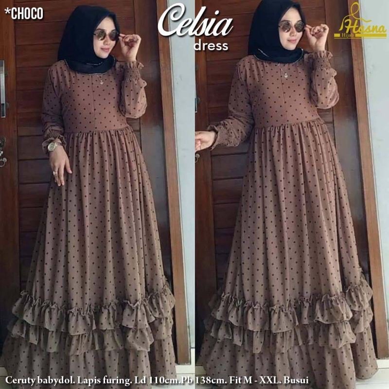 gamis CELSIA dress ld 110 ceruty babydol busui fashion muslim wanita polkadot long dress muslimah