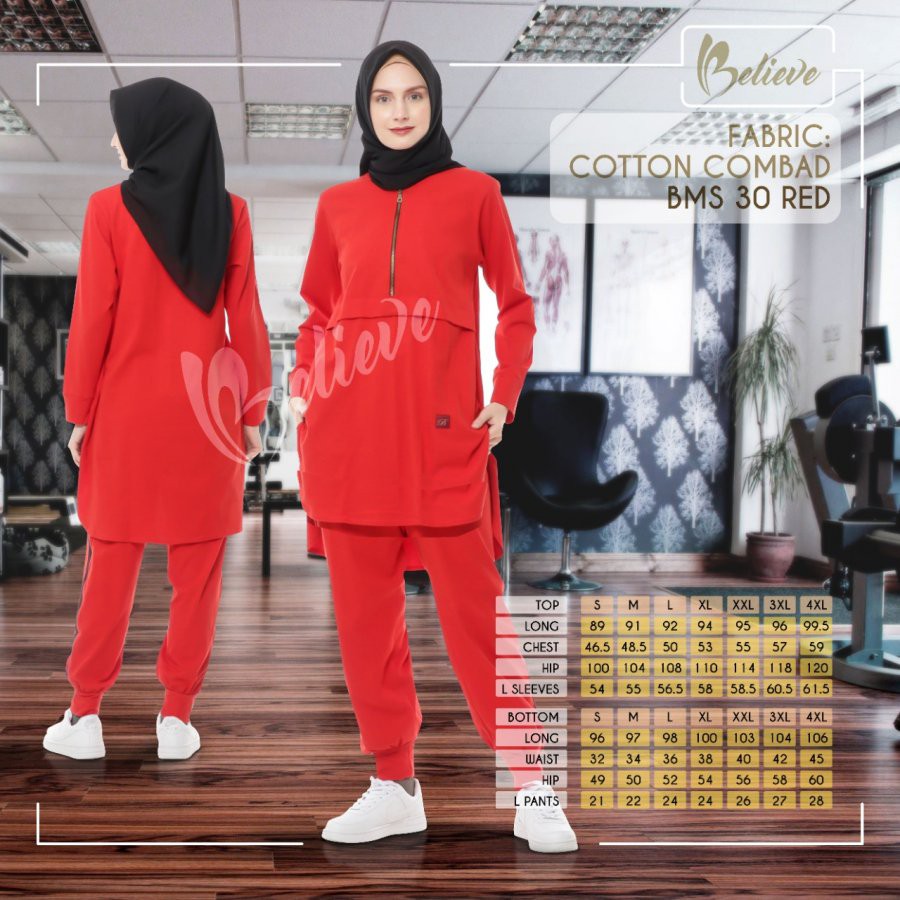 BAJU SETELAN SPORT WANITA SYAR'I OLAHRAGA MUSLIMAH BMS 30 BELIEVE PAKAIAN