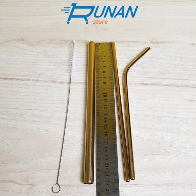 Sedotan Stainless Emas Straw Set Gold - Paket Sedotan Besi Bubble
