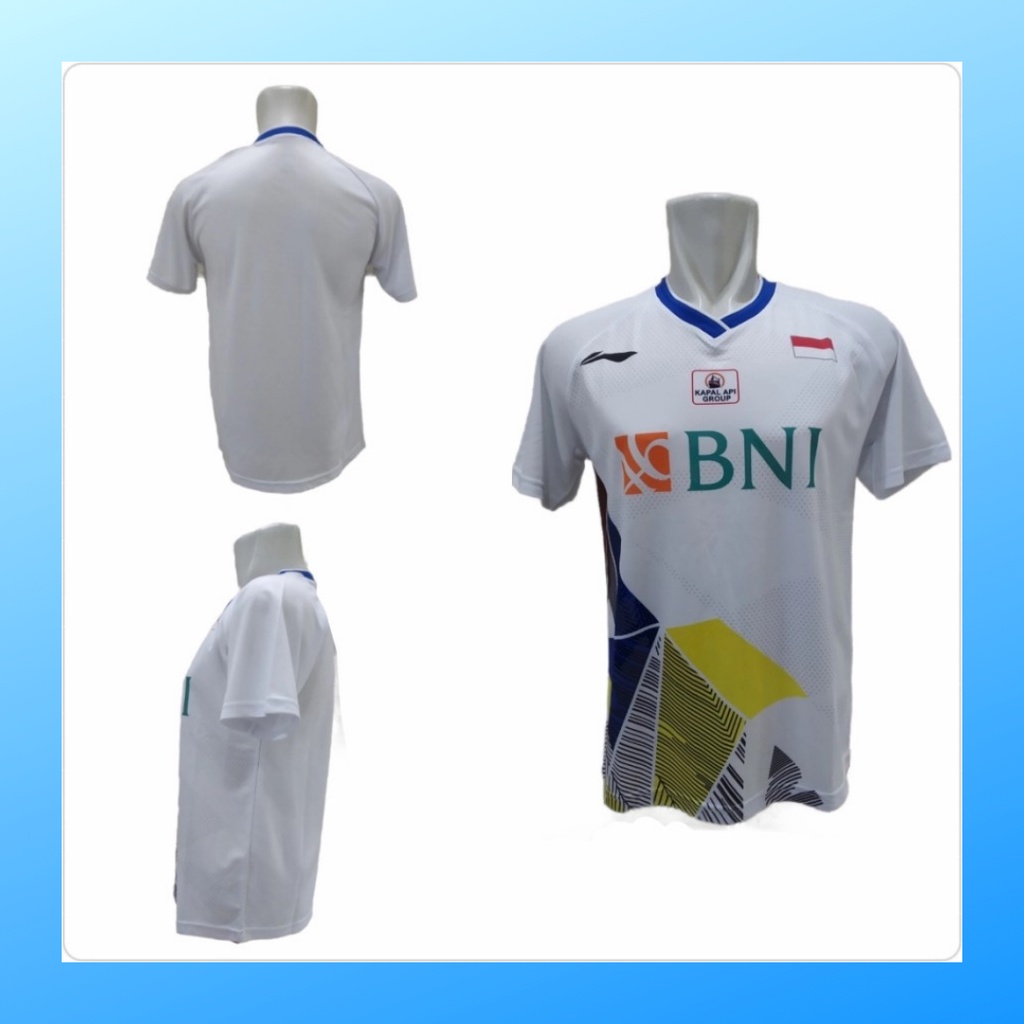 Kaos badminton pria jersey bulutangkis baju atasan jersy wanita dewasa t-shirt outfit seragam kostum olahraga casual suit pakaian jarsey oblong apparel sports jersi bulu tangkis L156 putih sponsor