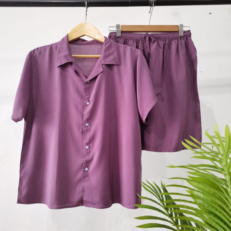 PIYAMA KANCING PENDEK | PIYAMA RAYON | BAJU TIDUR RAYON-KCB UNGGU TERONG