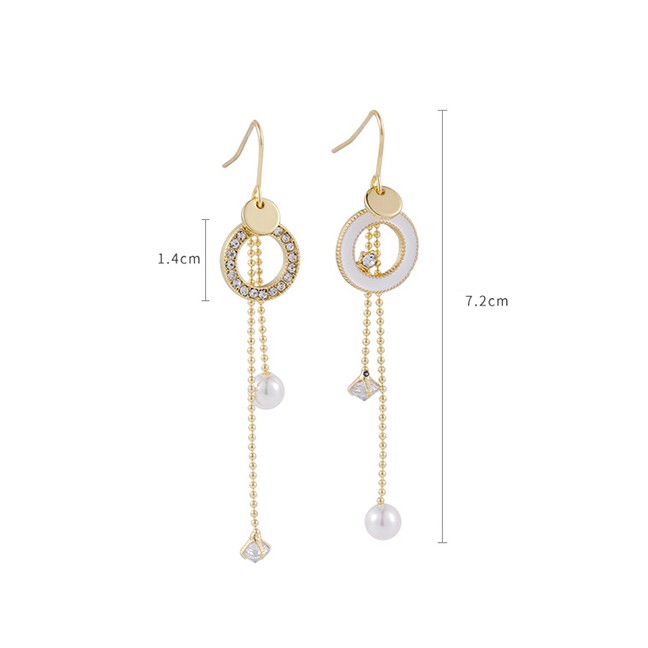 LRC Anting Tusuk Fashion White Diamond Drop Oil Circle Pearl Tassel Long Earrings P22323