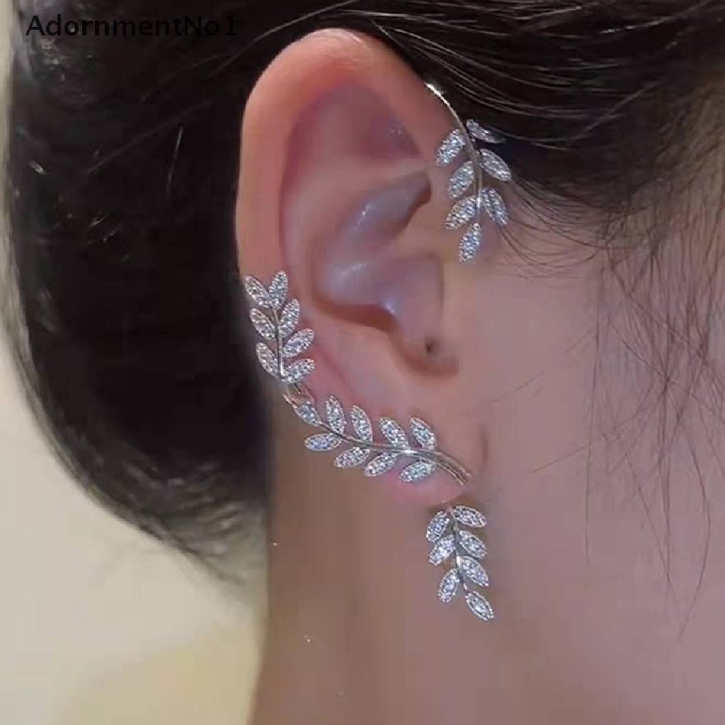 (AdornmentNo1) Anting Klip Tanpa Tindik Motif Daun Aksen Kristal Berkilau Untuk Perhiasan Wanita