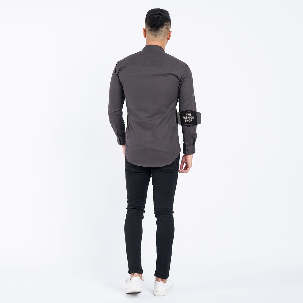 Kemeja Pria Lengan Panjang Polos Cowok Abu - Abu Tua Dark Grey Casual Slimfit 3272