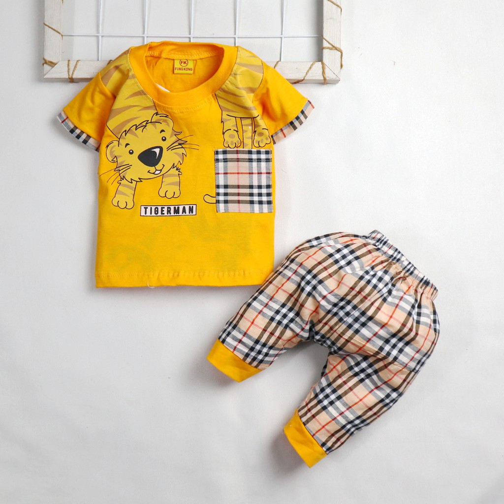 Nuna Store Setelan Baju Celana Bayi Anak Laki-laki Usia 3-12 bulan S886 Motif Tiger Man