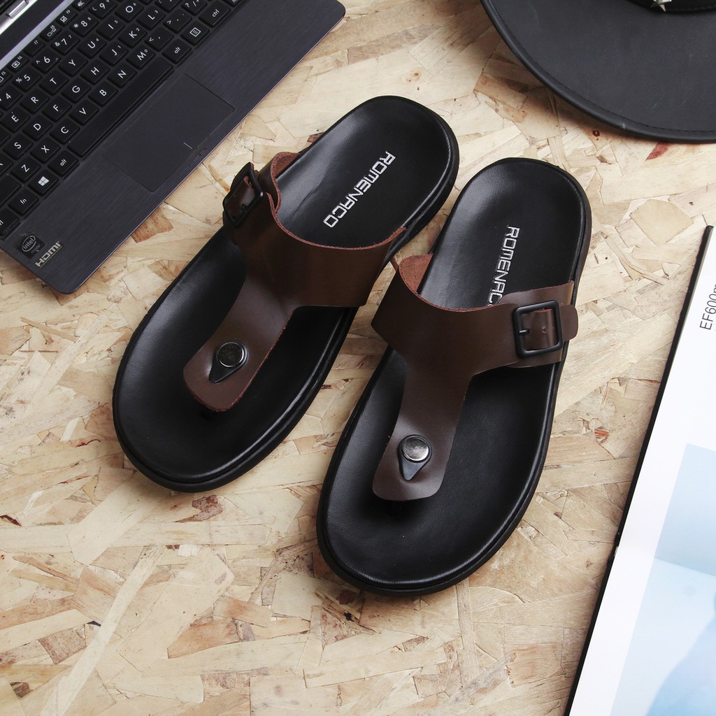 Sandal Pria Romenaco R002 Black Brown Upper Kulit Sapi Kolektif Asli