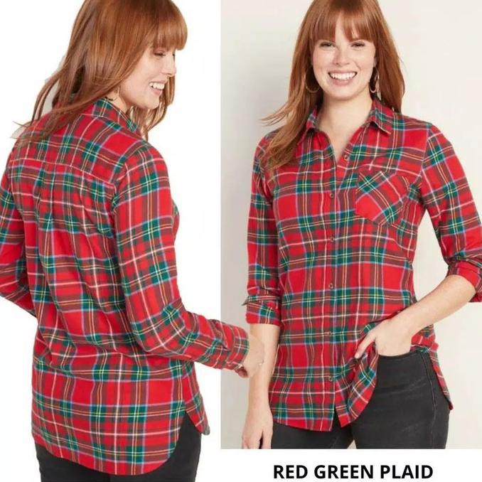 Promo Akhir Tahun OLD NAVY Kemeja Flannel Wanita Plaid Shirt - Original Branded Murah - Red Green