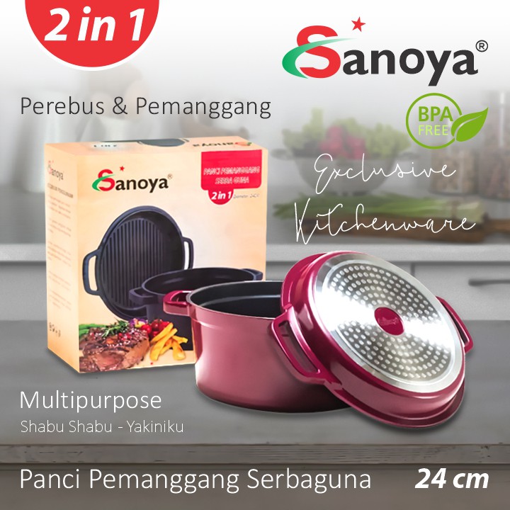 SANOYA GRILL POT PAN 24 CM - Panci Masak Pemanggang 2 in 1 Serbaguna