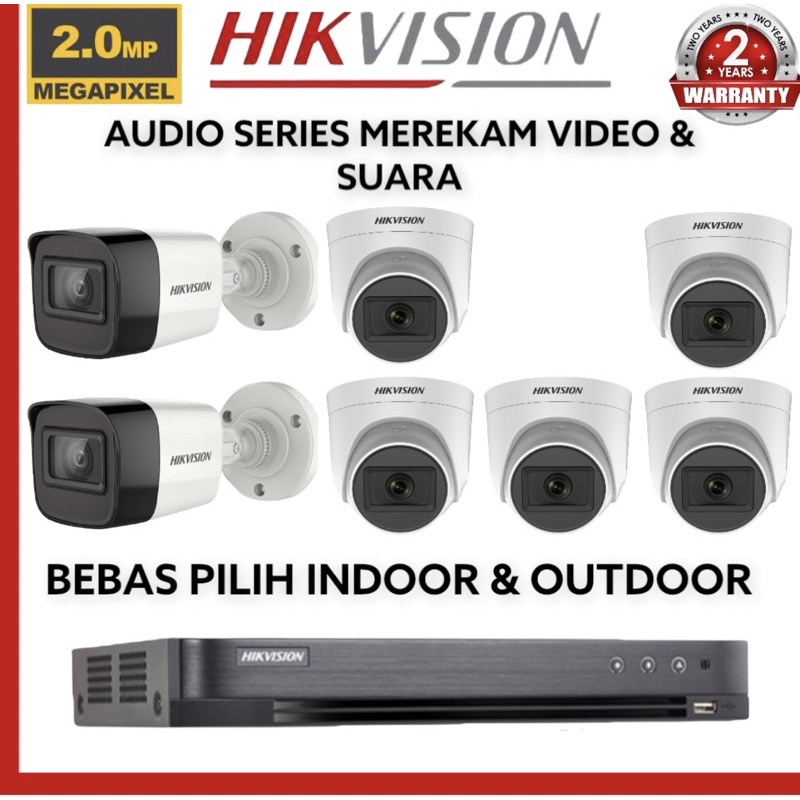 paket camera cctv 7 kamera hikvision 2mp audio built in mic 1080p 8channel ch bisa rekam suara