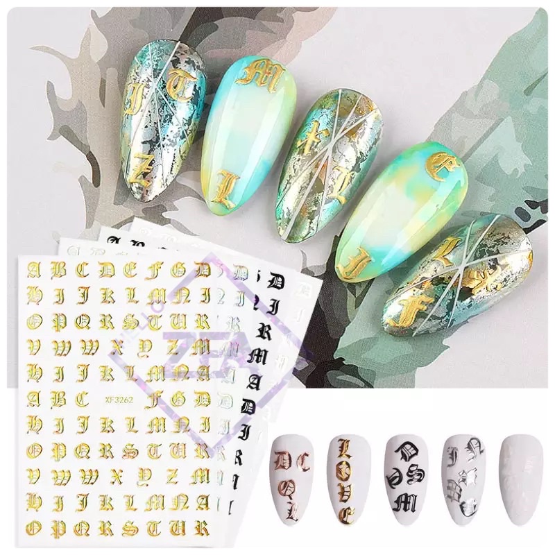 Stiker Desain Alfabet 3d Gaya Gothic Untuk Dekorasi Nail Art Manicure Angka Huruf Abjad