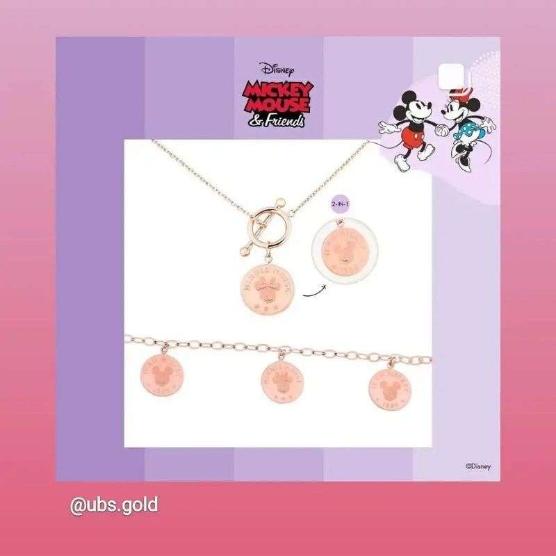 Set kalung dan gelang rantai 2 in 1 mickey minnie mouse koin UBS kadar 375 8K