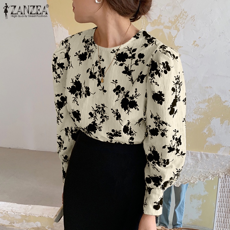 ZANZEA Women Blouse O Neck Full Sleeve Floral Printed Elegant Office OL Vintage Casual Shirt