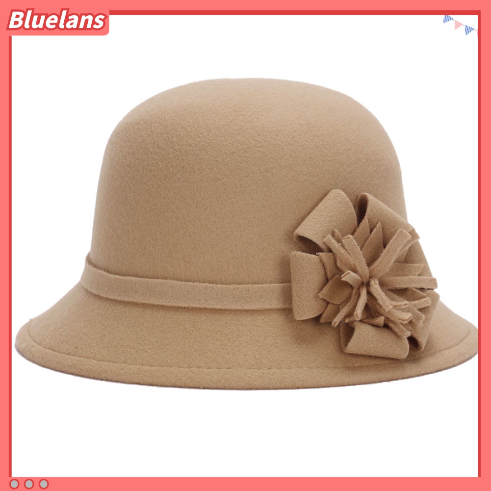 Bluelans Topi Bowler Bahan Wol Imitasi Warna Polos Aksen Bunga Gaya Vintage Untuk Wanita