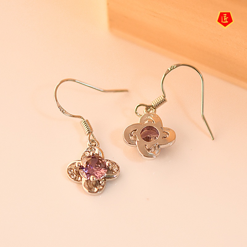 [Ready Stock]Elegant Personality Clover Purple Diamond Earrings for Women