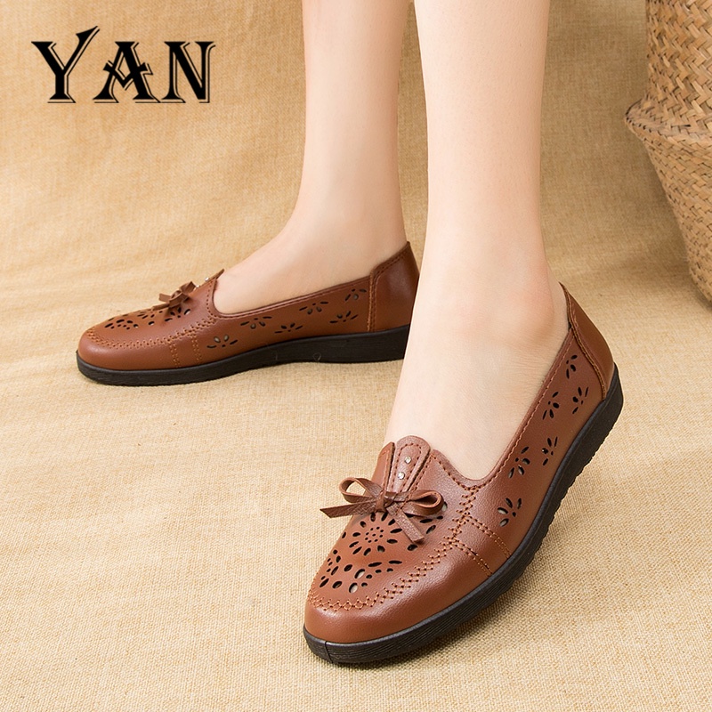 YAN Sepatu Flat Shoes Wanita Kulit Sepatu Slip On Terbaru Sepatu Kantor Nyaman Bernapas