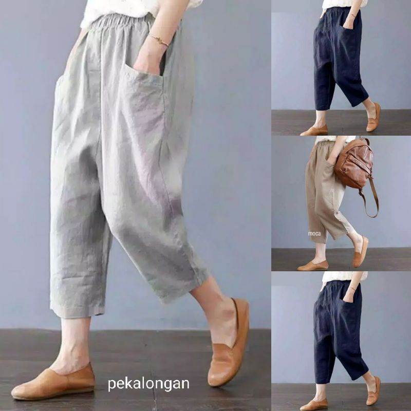 Celana Kulot crop 7/9 linen wanita Korea Bisa COD grosir baju murah wanita kekinian