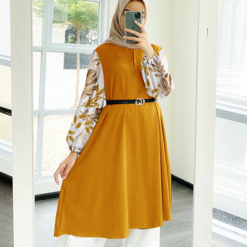 Tunik Jumbo - Gamis Wanita Kekinian - Baju Atasan Wanita - Bungaz Motif Gabungan - Lexoir-Bungaz Tunik Mustard