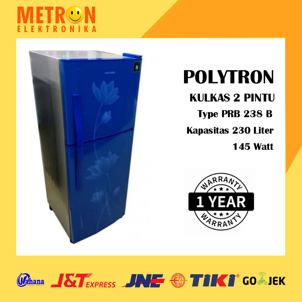 POLYTRON PRB 238 B BLUE BIRU METAL KULKAS 2 PINTU 230 LT LITER PRB238