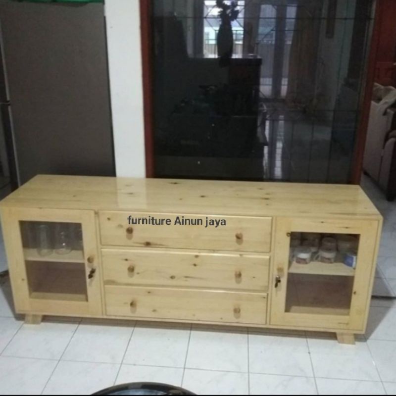 bufet TV minimalis kayu jati Belanda natural glossy.