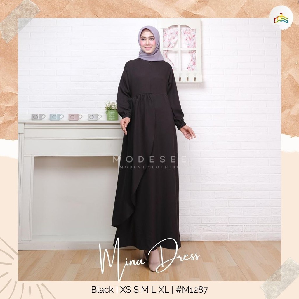 Modesee Gamis Putih Hitam Polos Basic Layer Busui Wanita Muslim Mina Dress, Gamis S M L XL XXL, Gamis Jumbo 2XL 3XL 4XL 5XL-Black-L