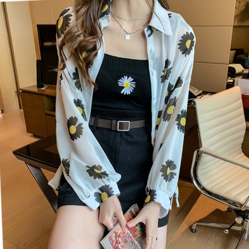 8642 Kemeja oblong oversized bunga sifon import  Baju kemeja ala cewek Korea bahan sifon import