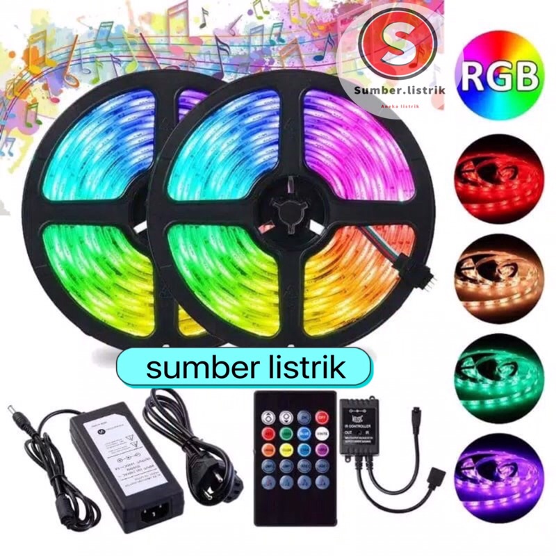 LAMPU LED  STRIP 5050 5M 10m RGB REMOT SENSOR MUSIC  IP65 10M 20M AC 220V + ADAPTOR + REMOTE 5050 (LAMPU TIKTOK)