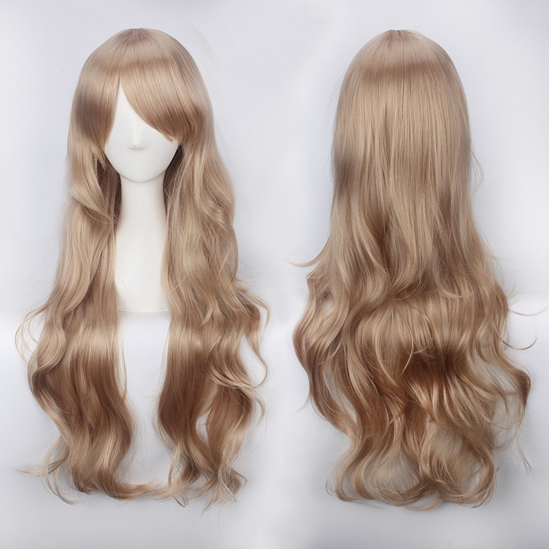 K027 wig base wavy 80 cm curly wanita cosplay rambut palsu daily lolita gelombang hitam putih abu