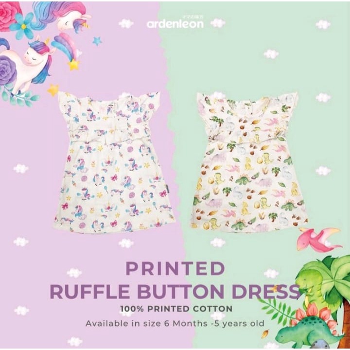 ArdenLeon Basic Wear Button Dress / Ruffle Button Dress Printed / Arden Leon Dress Motif Bayi Anak Perempuan